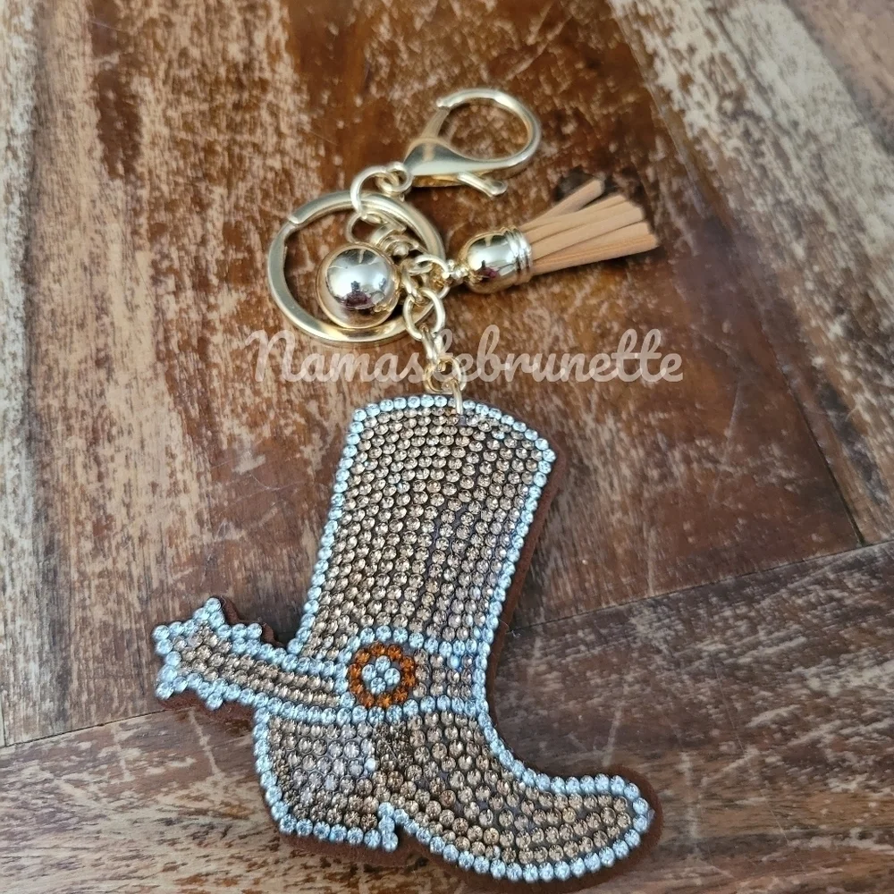 Western Boot Crystal Rhinestone Keychain Bag Charm With Tan Tassel